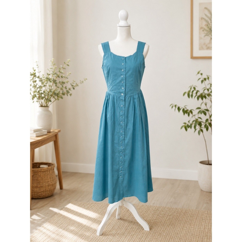 VTG 90s Chadwicks Sz 8P Teal Blue Cotton Button Front Maxi Dress Cottagecore